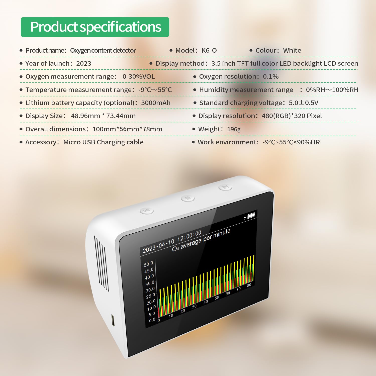 Probador de Medidor de O2 para Interiores/exteriores, Detector Calidad del Aire 3 en 1, Monitor Temperatura y Humedad para el Hogar, la Oficina y el Coche