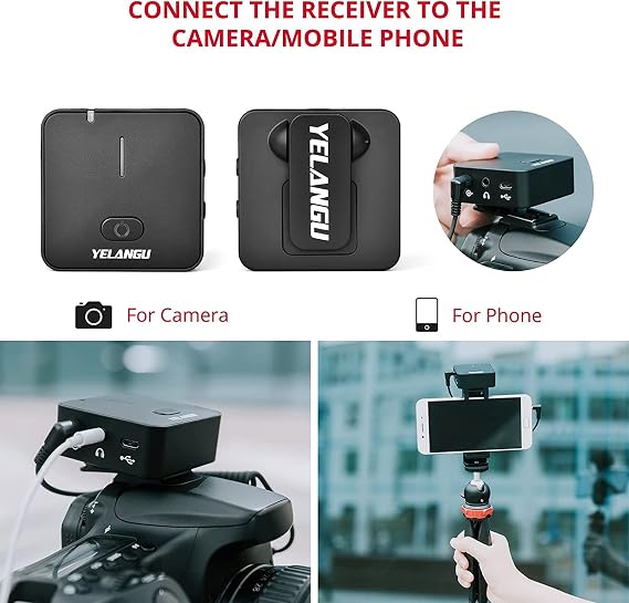 YLG Lavalier Microphone System, Lapel Mic System with Transmitter and Receiver, Rechargeable Compact Lav Mic for iPhone Android Smartphone DSLR Camera Camcorder Recorder