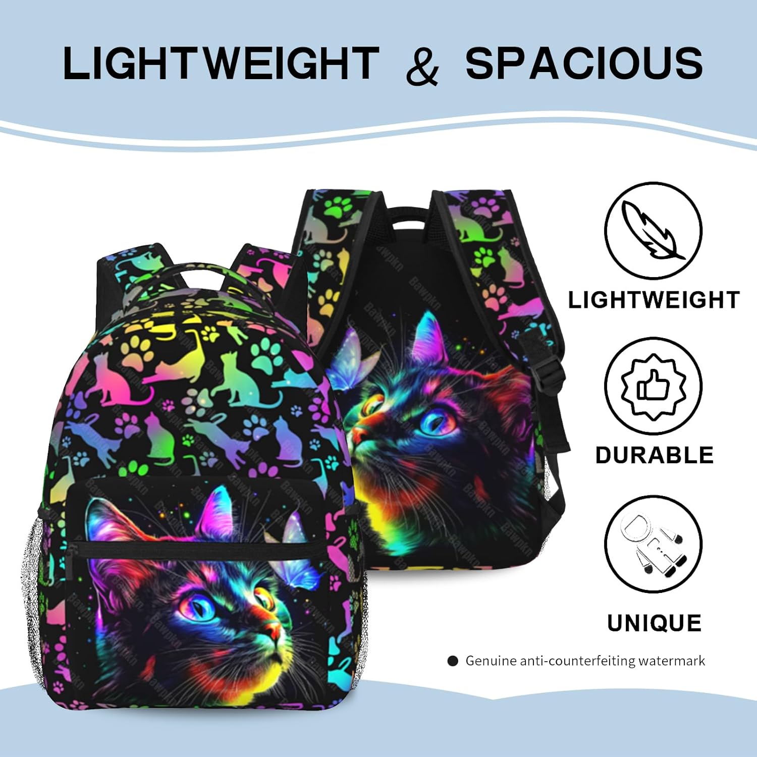 Cat Backpack for Girls Cute Cat School Bookbag for Kids Fashion Colorful Animal Theme Backpack for Girls Schoolbag with Waterproof Zippered Pocket Travel Hiking Everyday Use - Image 3