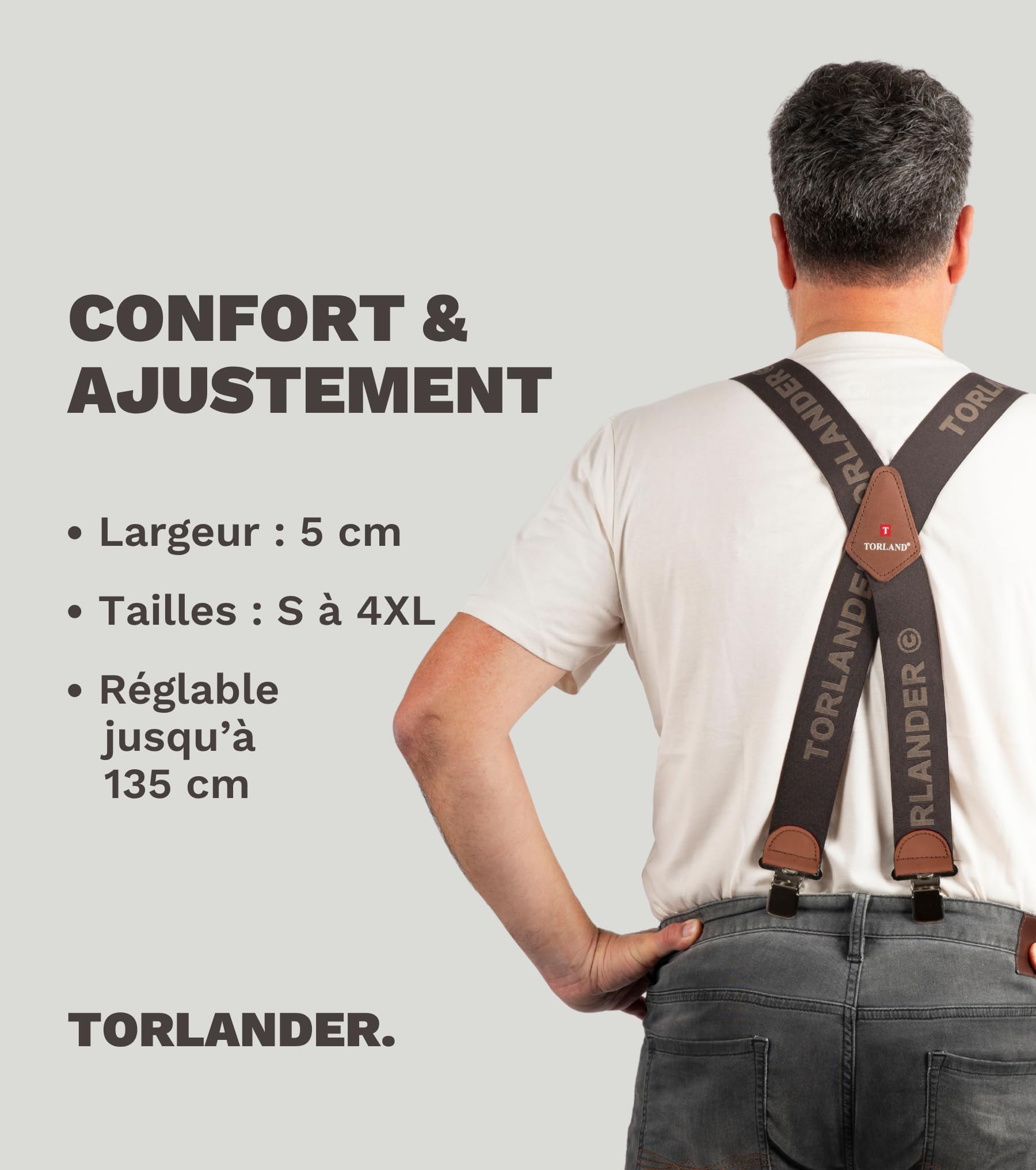 Bretelles homme extra larges, en cuir de vachette véritable, largeur 5 cm, pour pantalons de travail et de ski | Longueur max. 135 cm, pour les personnes mesurant jusqu’à 2 m