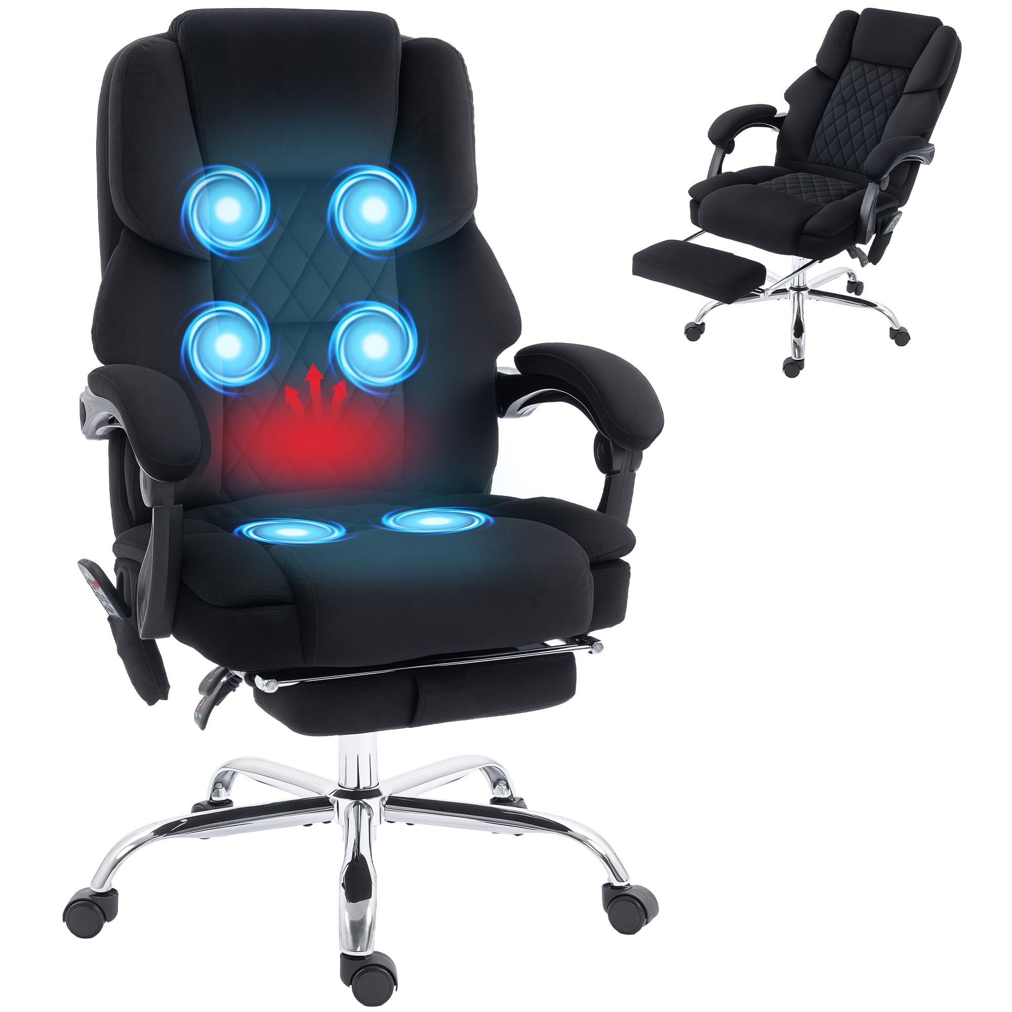 HOMCOM Office Chair with 6-point Vibration Massage and Heat, Velvet-feel Fabric Desk Chair with Footrest, Linkage Armrests, High Back, Adjustable Height, Reclining for Home Office, Black