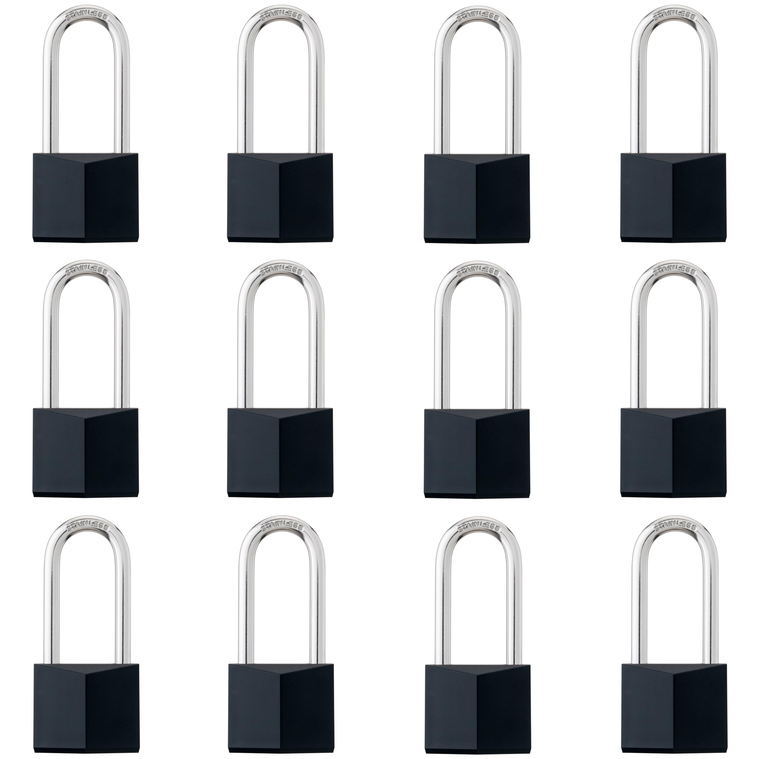 12er-Pack gleichschließende Schlösser, schwarz überzogenes Messing-Vorhängeschloss mit langem Edelstahlbügel, 4,8 cm Schlosskörper, rostfreie Schlösser für Tor, Zaun, Haspe, Schrank