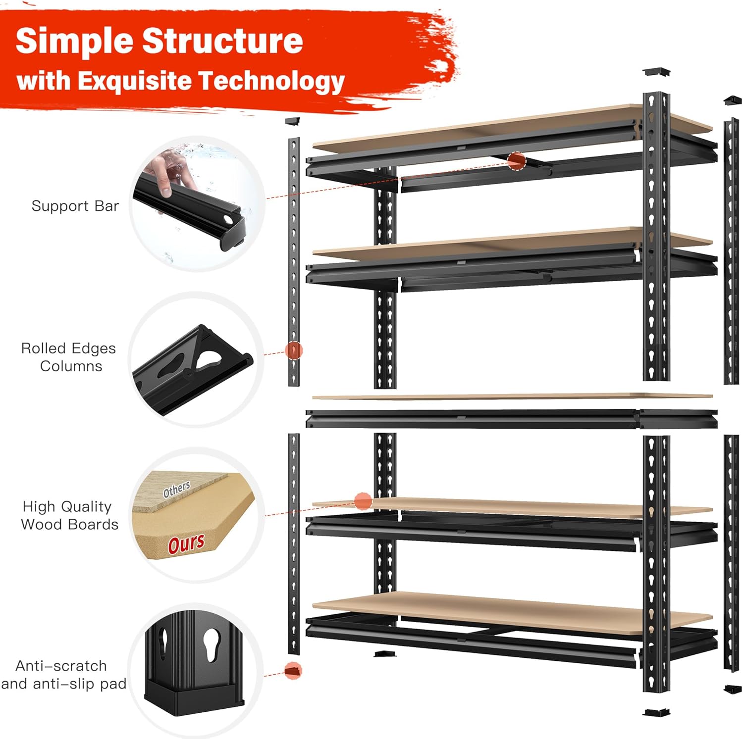 REIBII 72" Garage Shelving, Heavy Duty Storage Shelves 2000LBS, 5 Tier Metal Shelving Unit, Adjustable Garage Storage Shelves for Warehouse Pantry Basement, 72'' H X 35.5'' W X 11.8'' D, 3 Pack - Image 5