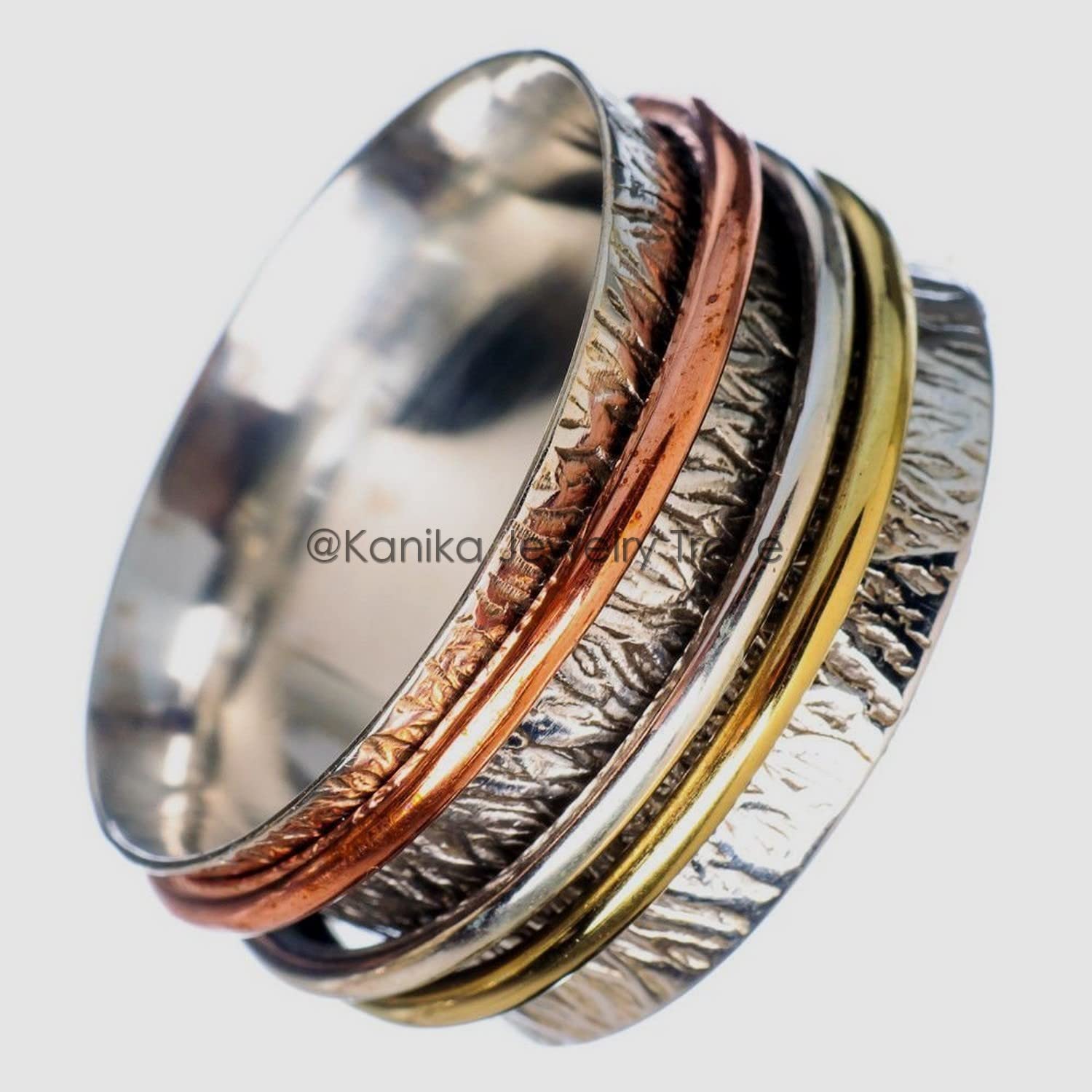 Einzigartige Textur Spinner Ring Spinner Band Ring, schmaler Kupfer-Silber-Messing-3-Ring, schmaler Spinner-Herrenring, ausgefallener Spinning-Ring, Meditationsring, Muttertagsgeschenk (Größe 7)