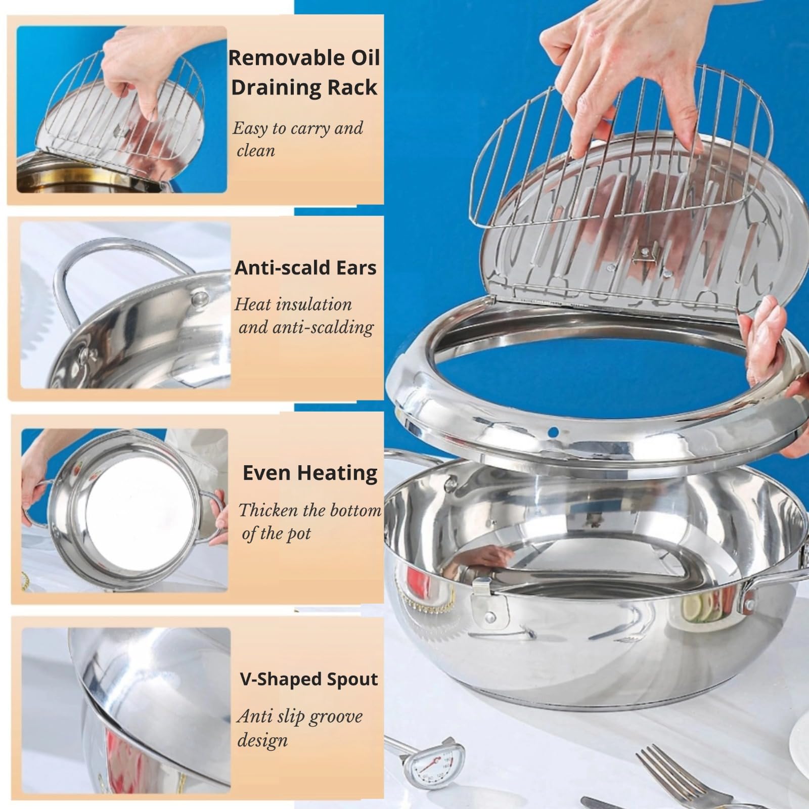 Fritteuse Topf Frittiertopf Japanischer, Edelstahl Mit Deckel, Temperaturkontrolle Öl Tropf Abfluss Filter Rack Für Pommes Frites Hühnerflügel Und Garnelen Tempura (20cm/7.9in Mini Fritteuse