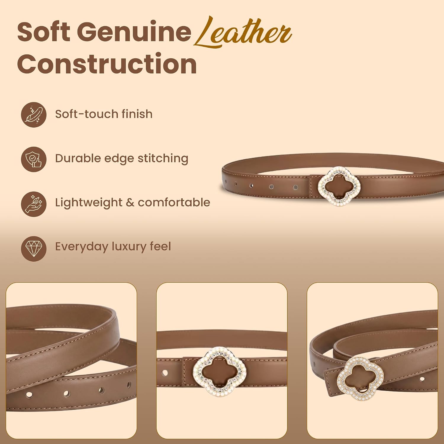 Premium Leather Belt Women with Crystal Clover Buckle 100% Cowhide Leather