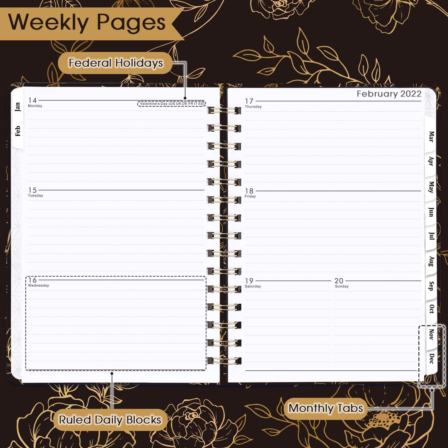 2022 Planner - Planner 2022 Weekly & Monthly Planner with Tabs, 6.3" x 8.4", Jan. 2022 - Dec. 2022. Hardcover with Thick Paper + Back Pocket + Banded, Twin-Wire Binding - Black Rose