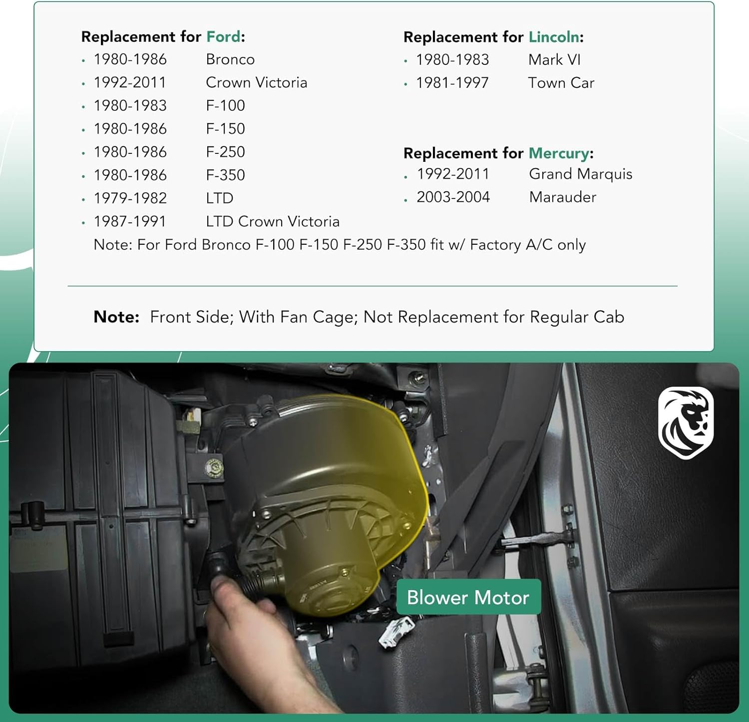 YHTAUTO HVAC Blower Motor Assembly for Ford F-100 F-150 F-250 F-350 Crown Victoria Bronco Lincoln Town Car Mark VI Mercury Grand Marquis Marauder