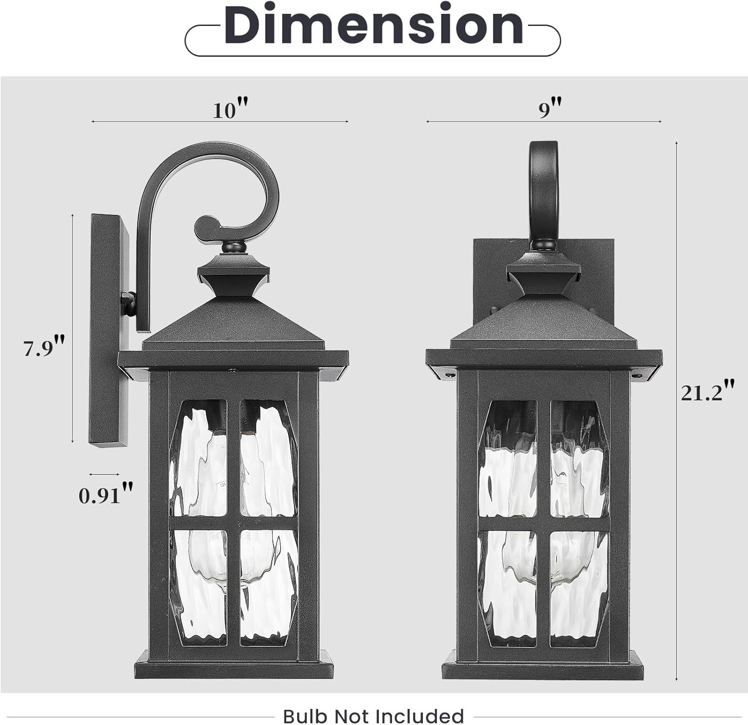Outdoor Wall Sconce Waterproof Porch Lights Outdoor Matte Black Exterior Lighting Fixtures with Water Ripple Glass for House Garage Doorway 21.2 Inch E26 Socket