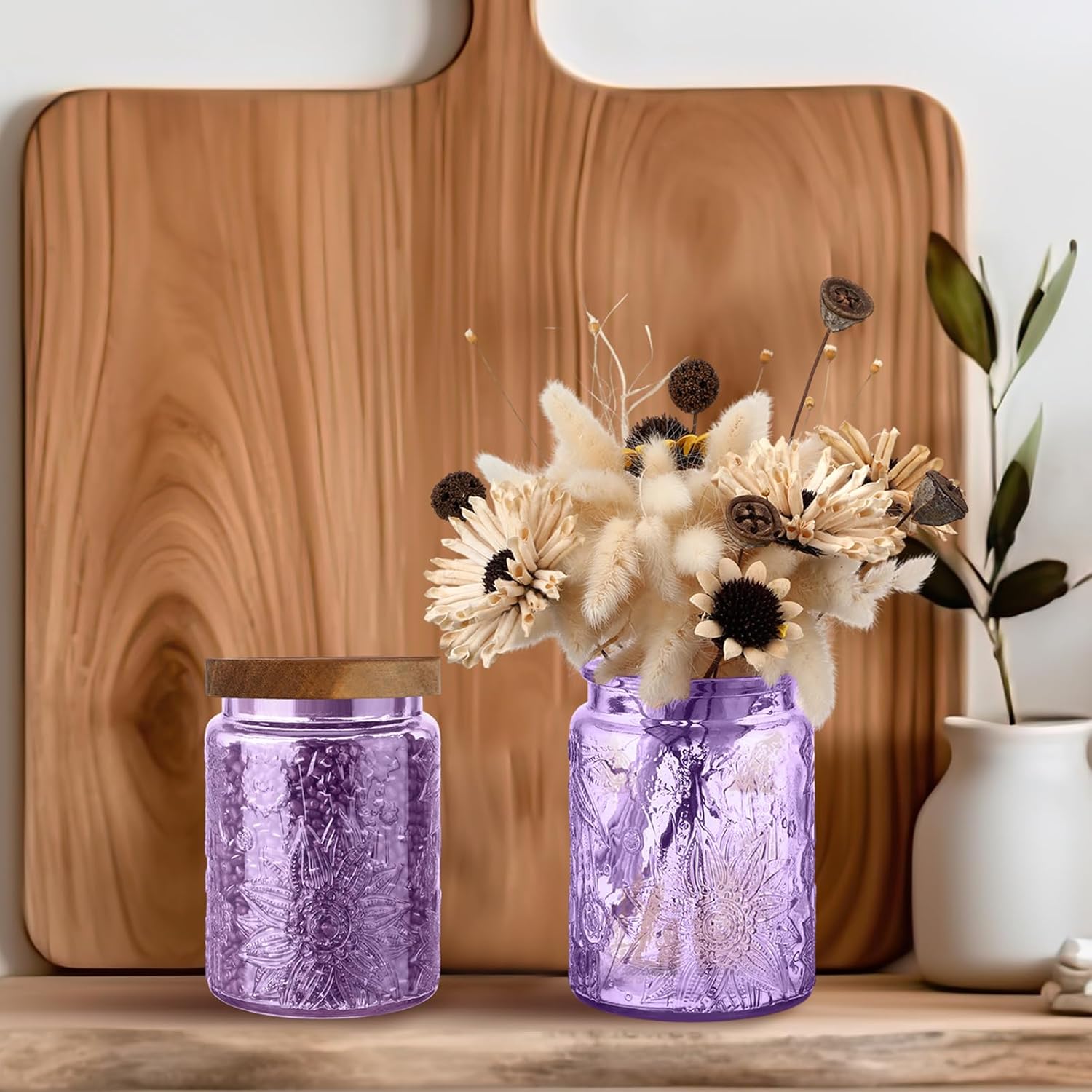 LemonRoad 4 Pcs Vintage Purple Glass Storage Jars 23.7 oz Mason Jar Canister with Wood Lids Food Storage Container for Cookie, Pantry, Candy Kitchen, Coffee, Tea, Flour, Sugar, Decorative Home Decor