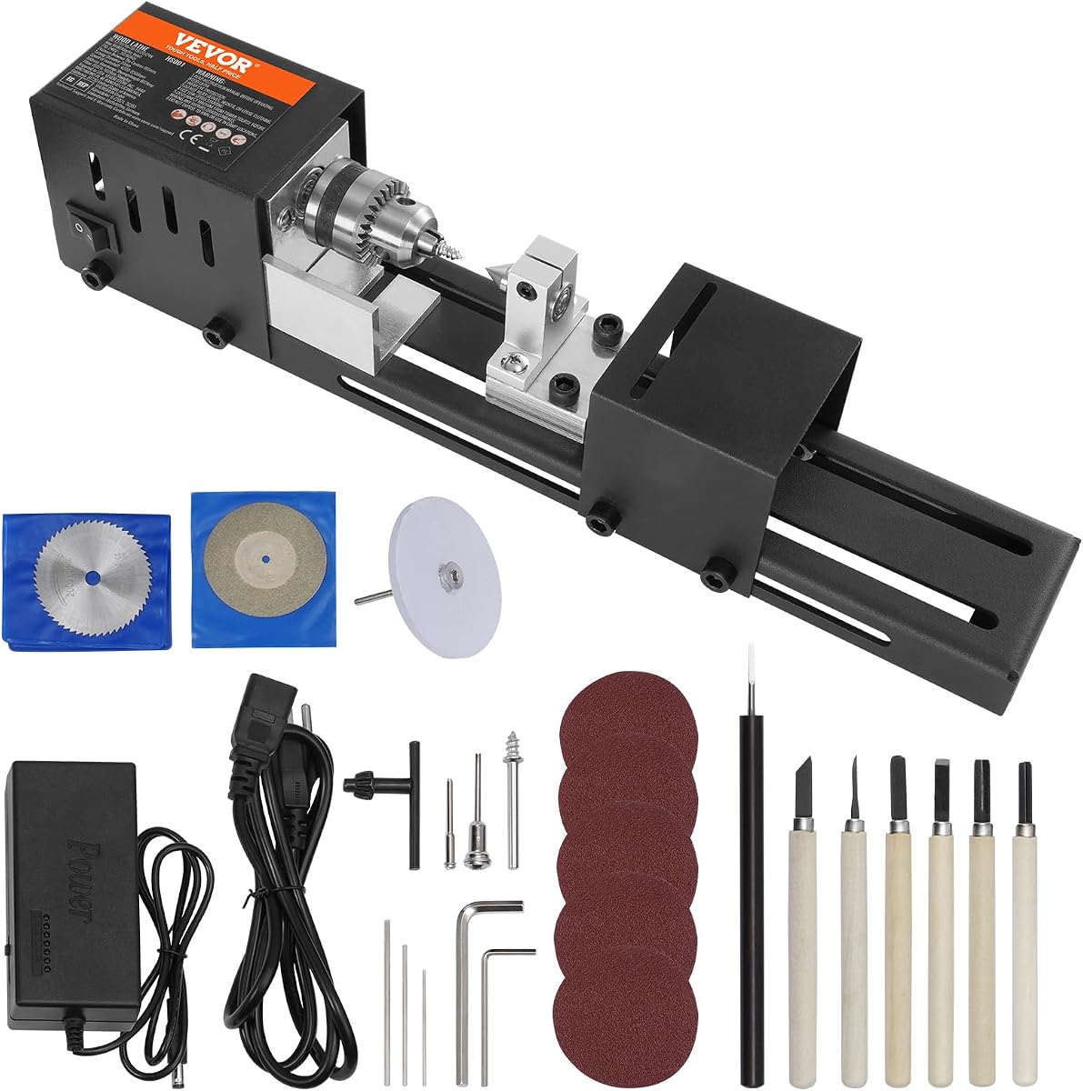 Mini Torno Máquina VEVOR, 2.76 in x 6.3 in, 24VDC 96W Mini Torno Herramientas de Madera Accesorios de la Fresadora, 7 Velocidades 4220/5300/5650/6350/6660/7050/8450 RPM, para Trabajar la Madera Herramienta Rotatoria