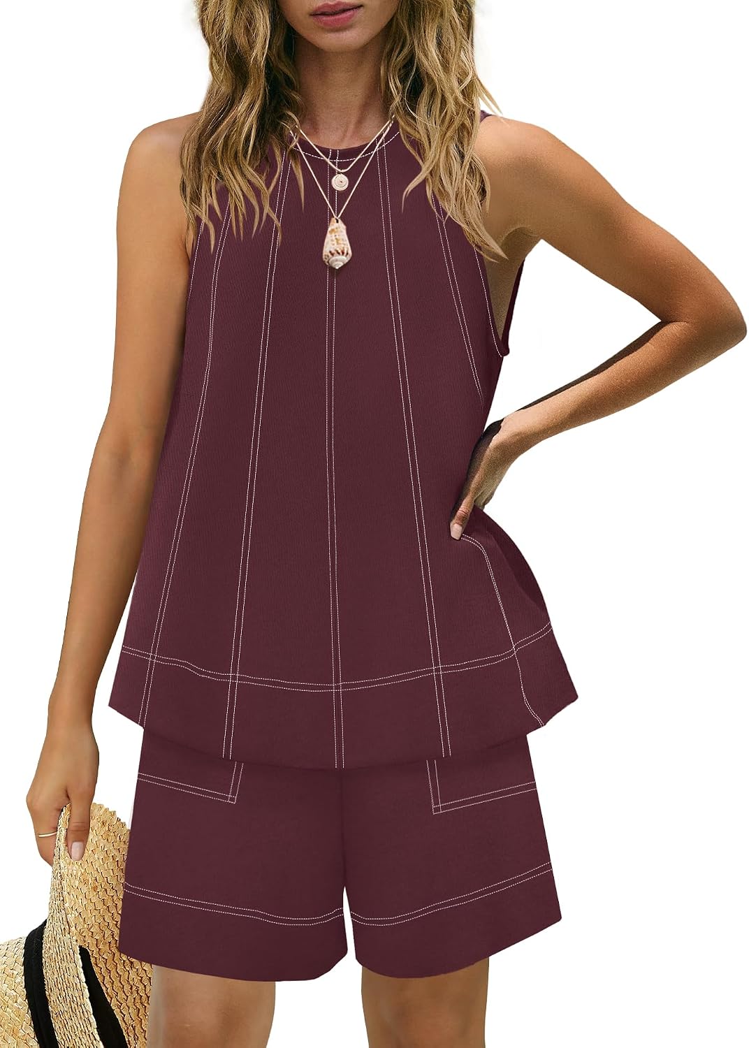 Panadila Womens Summer 2 Piece Sets Beach Vacation Outfits High Neck Tank Top and Shorts Set Resort Wear Matching Clothes
