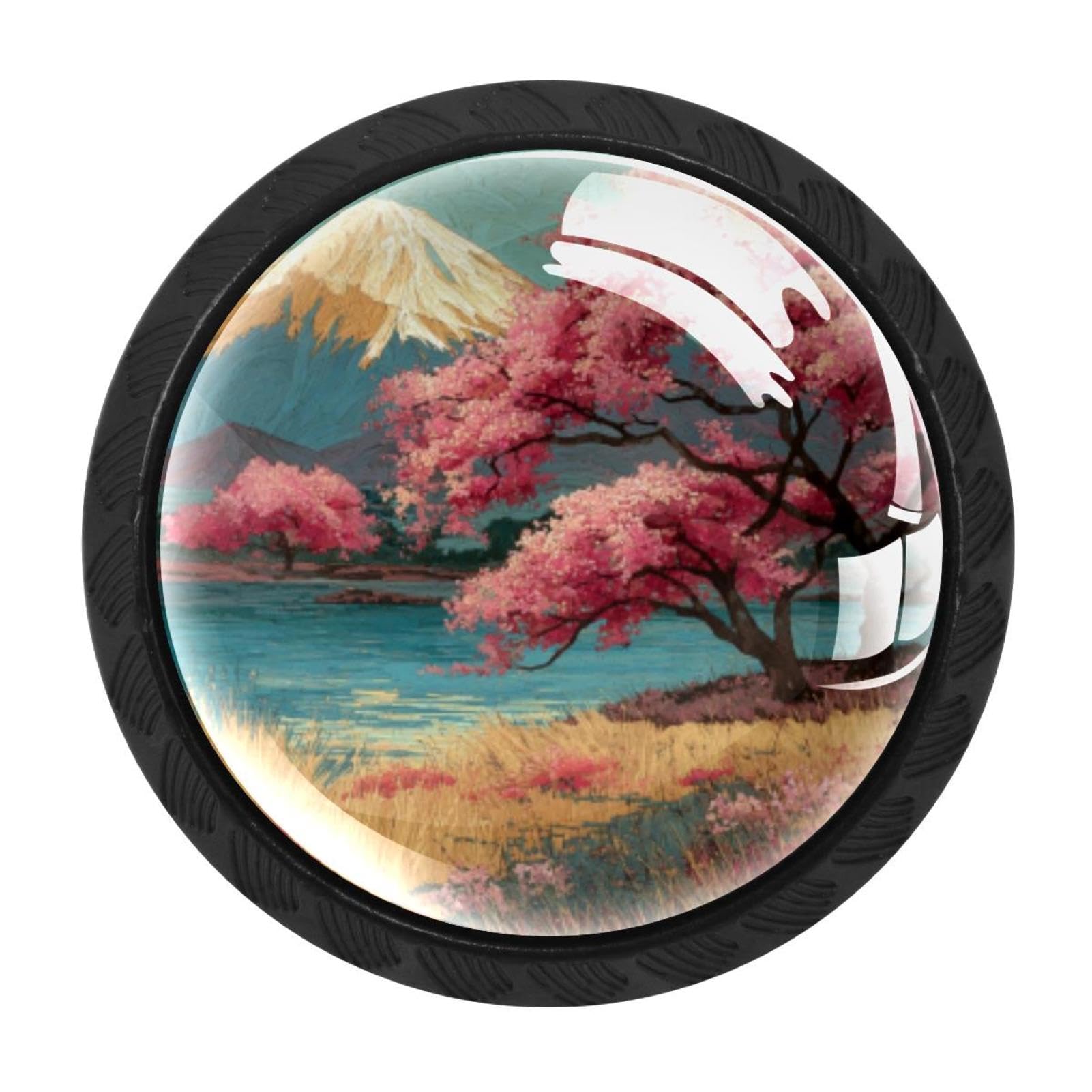 CHENZZZZ 4 Pieces Japanese Fuji Mount Cherry Blossom Lands (2) Cabinet Knobs Drawer Dresser Pulls Handles for Home Kitchen Office Bathroom Door Kids Room