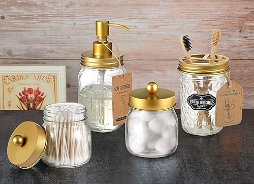 Miniatura 8 de Amolliar Juego de accesorios de baño de 4 piezas y 2 tarros de masón dorados, 3 dispensadores de jabón de loción y 2 soportes para hisopos de