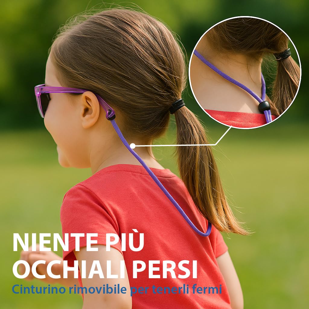 Kiddus Occhiali da Sole Bambina 4–7 Anni Polarizzati UV400 CAT3, Montatura TR90 Flessibile e Leggera, con Cordino Regolabile, Senza BPA, Protezione 100% UVA UVB, Certificati CE