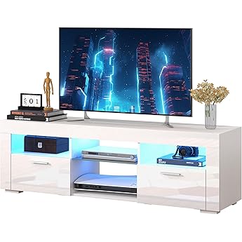 DWVO LED TV Stand for 55 Inch TV, Entertainment Center with 2 Storage Cabinet, 5 Open Shelves, Modern High Glossy Wood TV Console Table for Home, Living Room, Gaming Media Stand, Black & White