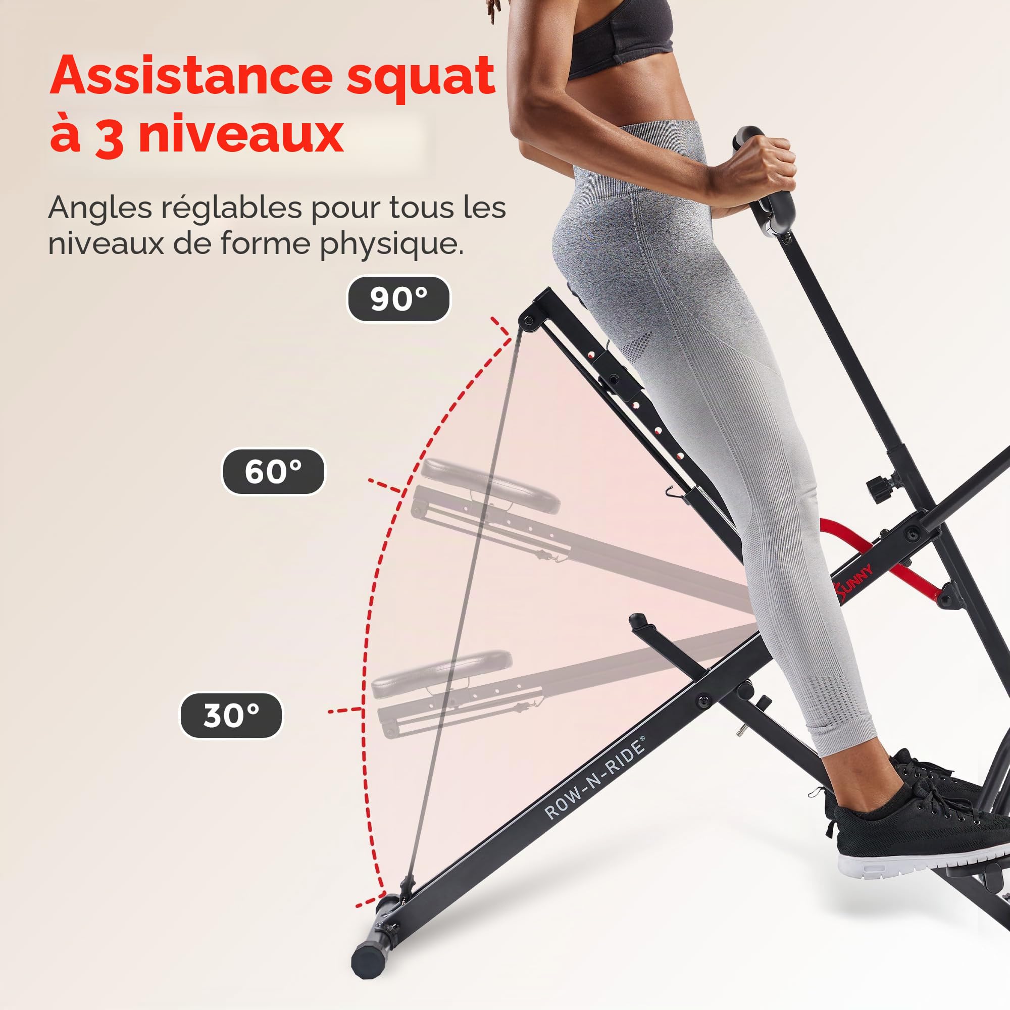 Sunny Health & Fitness Row-N-Ride Connecté Corps Entier avec Tablette | 4 Résistances, Entraînement Fessiers et Jambes, App SunnyFit, 150 kg Charge, 3 Profondeurs de Squat
