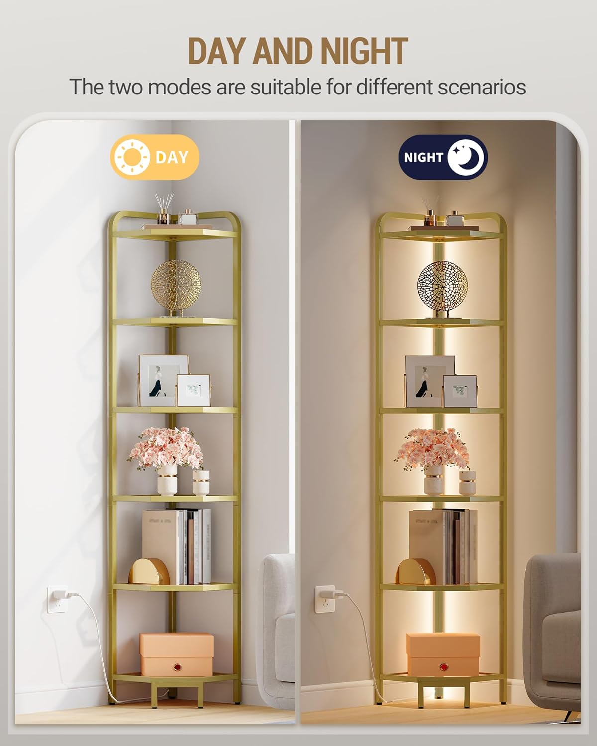 Corner Shelf with LED Lighting, 6-Tier Glass Bookshelf, Steel Frame, Tempered Glass, Modern Style Corner Shelf, Suitable for Living Room, Bedroom and Game Room, Gold CS09699G