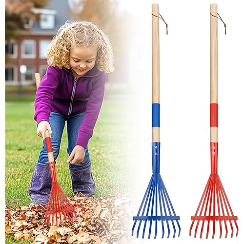 Kids Friendly Rakes for Leaves - 28" Child Size Small Rake with Durable Metal Head & Hardwood Handle, Real Lawn Garden Yard Tools for 3+ Years Kids Enjoy Helping Work Gifts, 2 Pcs