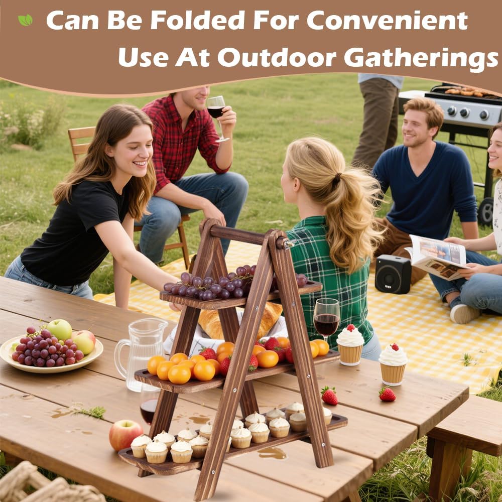 Wooden 3 Tier Cupcake Stand with Swing and Foldable Stand – Wood Dessert Display, Cupcake Swing Stand, Charcuterie Board, Serving Tray Set, Rustic Wooden Food Display for Parties