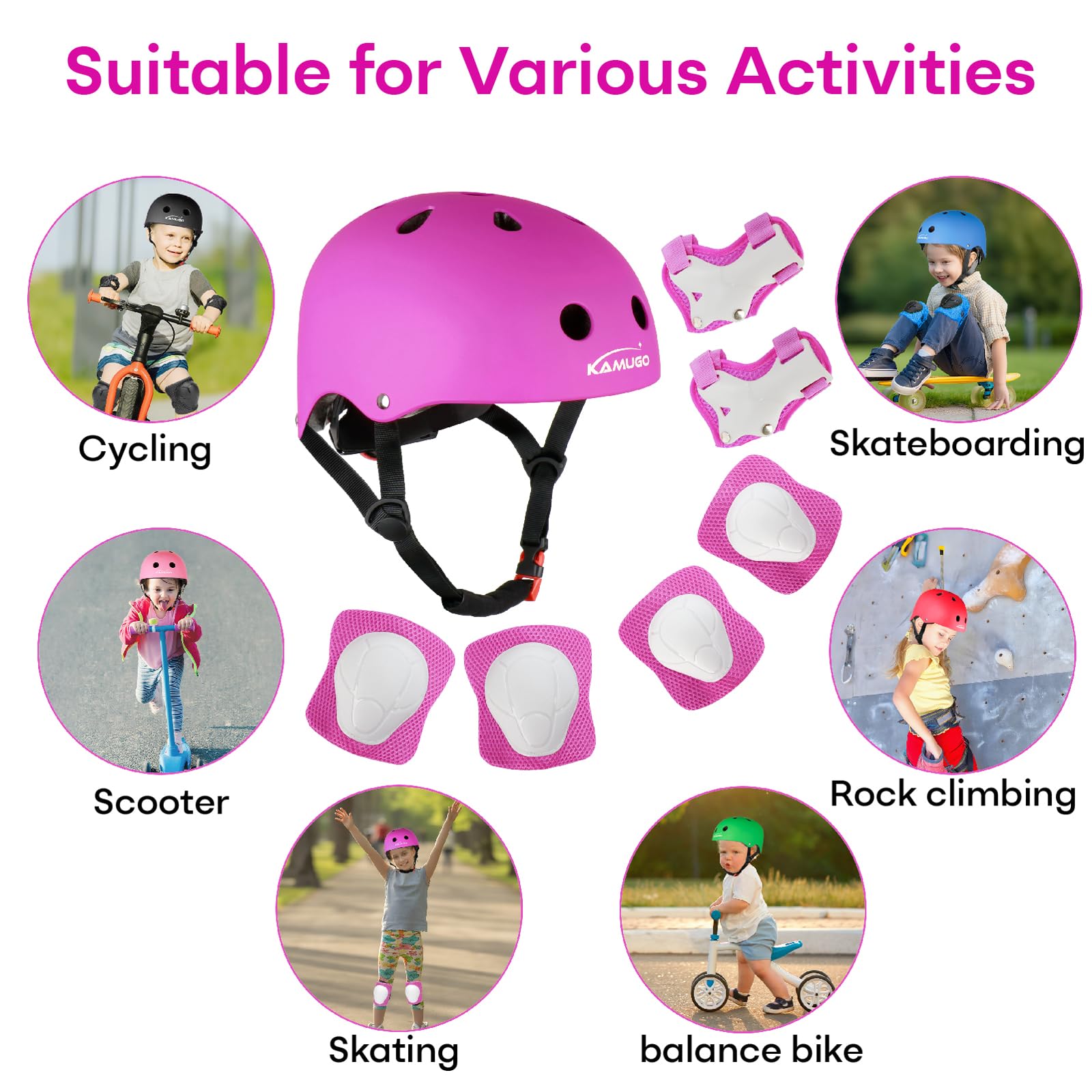 KAMUGO Casco de Bicicleta para niños, Casco para niños de 2 a 8 años, con Equipo de protección Deportivo, Rodilleras, Coderas y muñequeras para monopatín, Ciclismo, Patinete