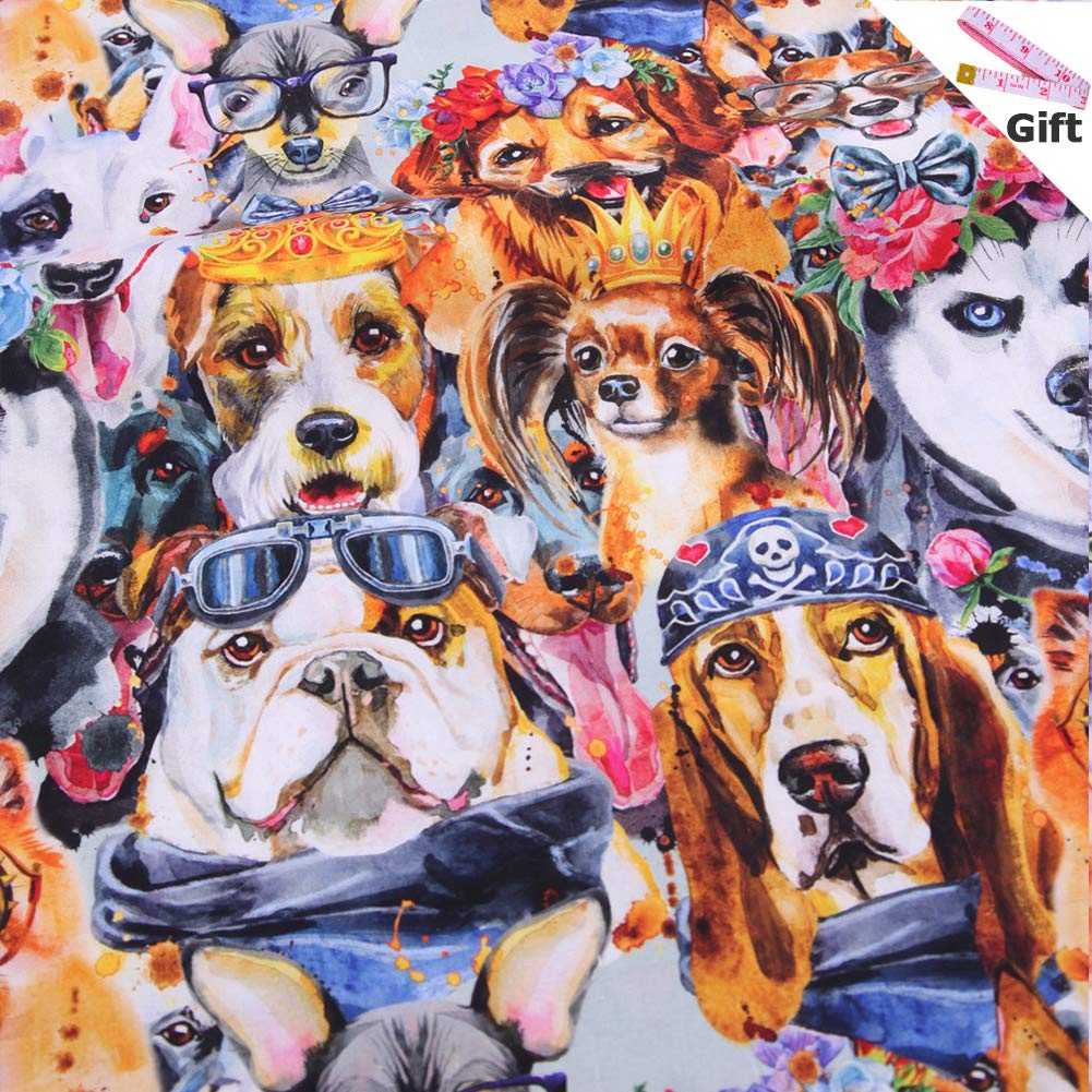 Animal Pattern Cotton Fabric by The Yard with Soft Tape Measure- 100% Cotton 17.7" x 43.3"(45cm x 110cm) for Sewing Quilting Crafting, Dog