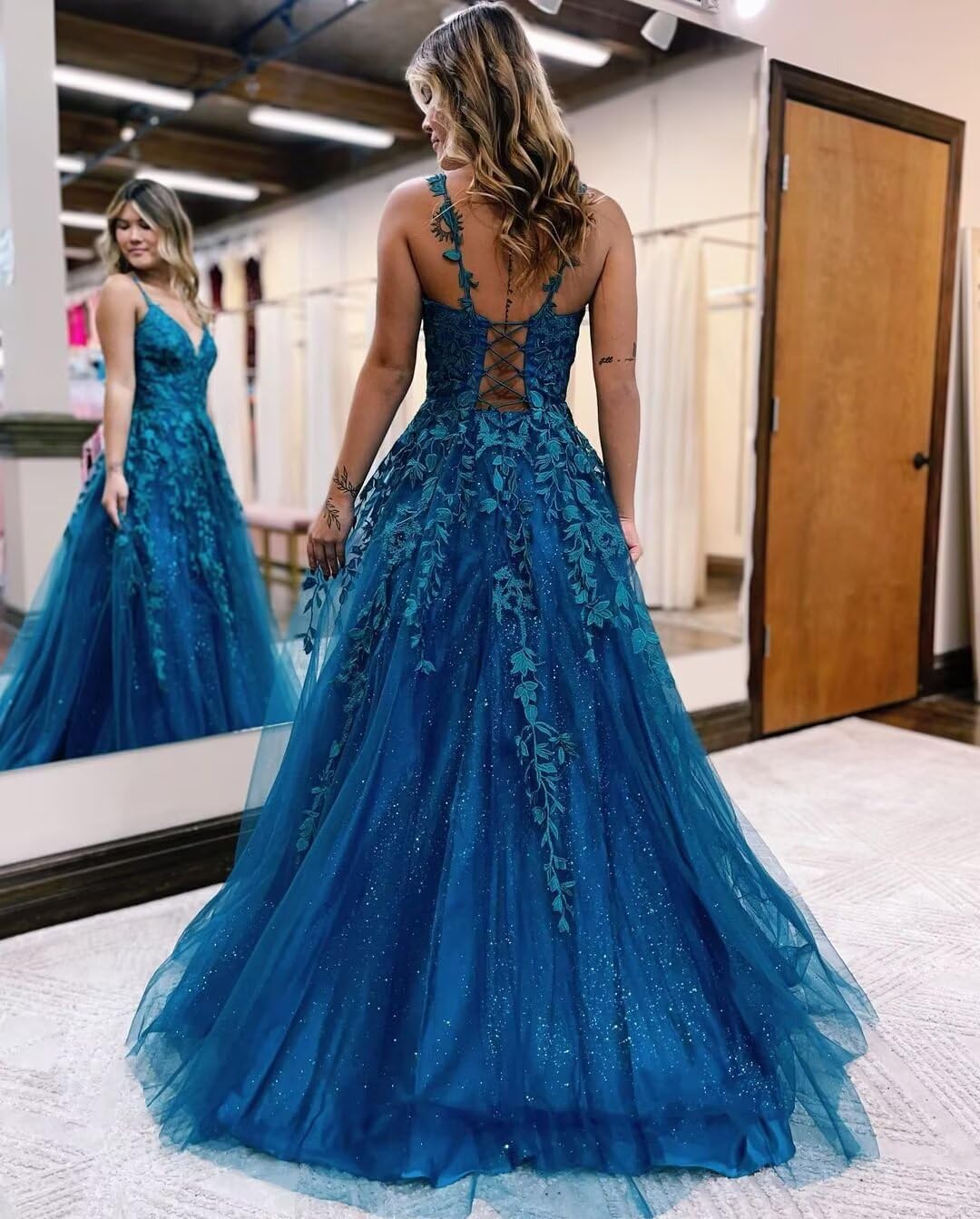 BITALY Women's V Neck Lace Long Prom Dresses 2025 Tulle Ball Gown Formal Evening Dress for Teens BI007