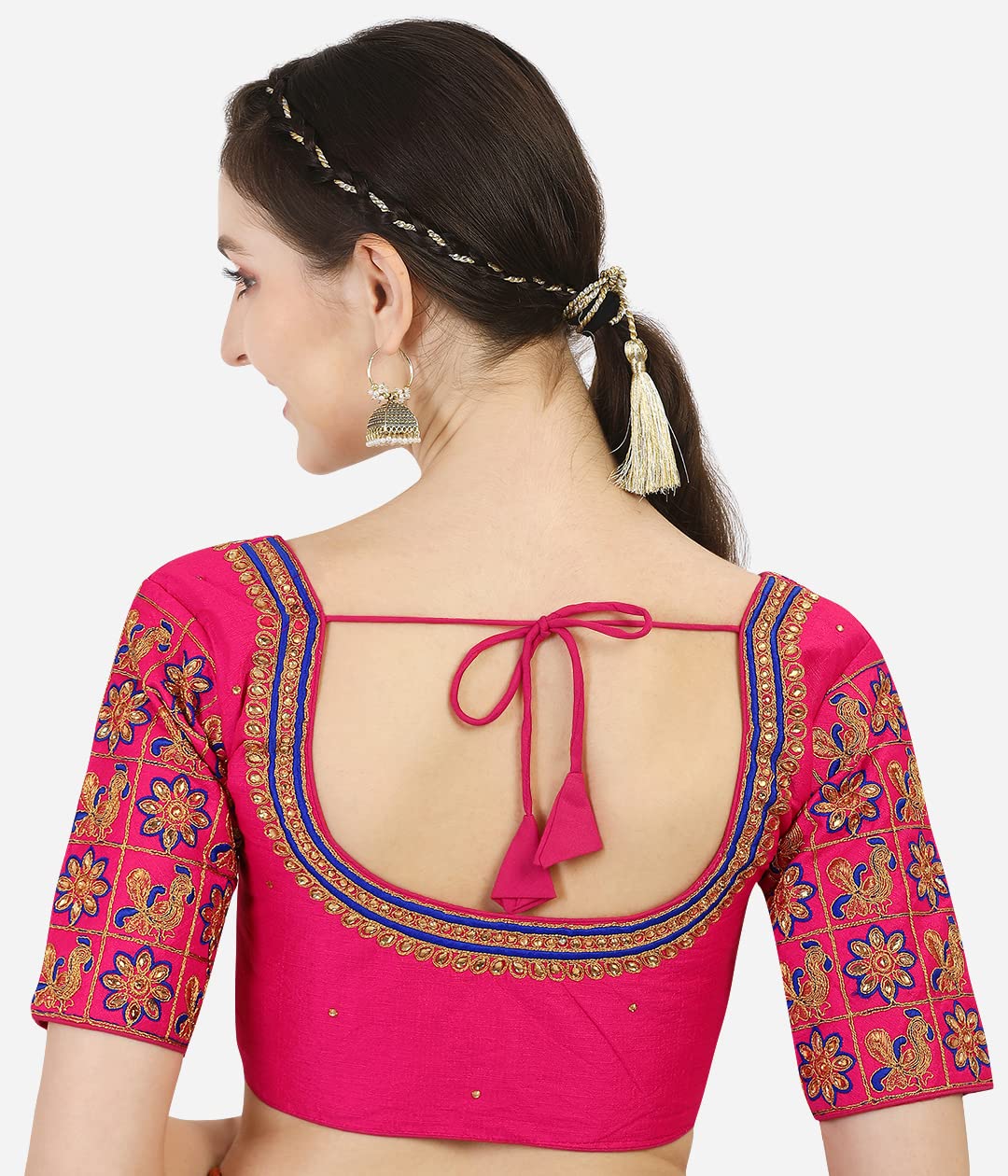 Pujia Mils Women's Silk Embroidery Half Sleeve Blouse (Mayura - Blouse_Pink_38)
