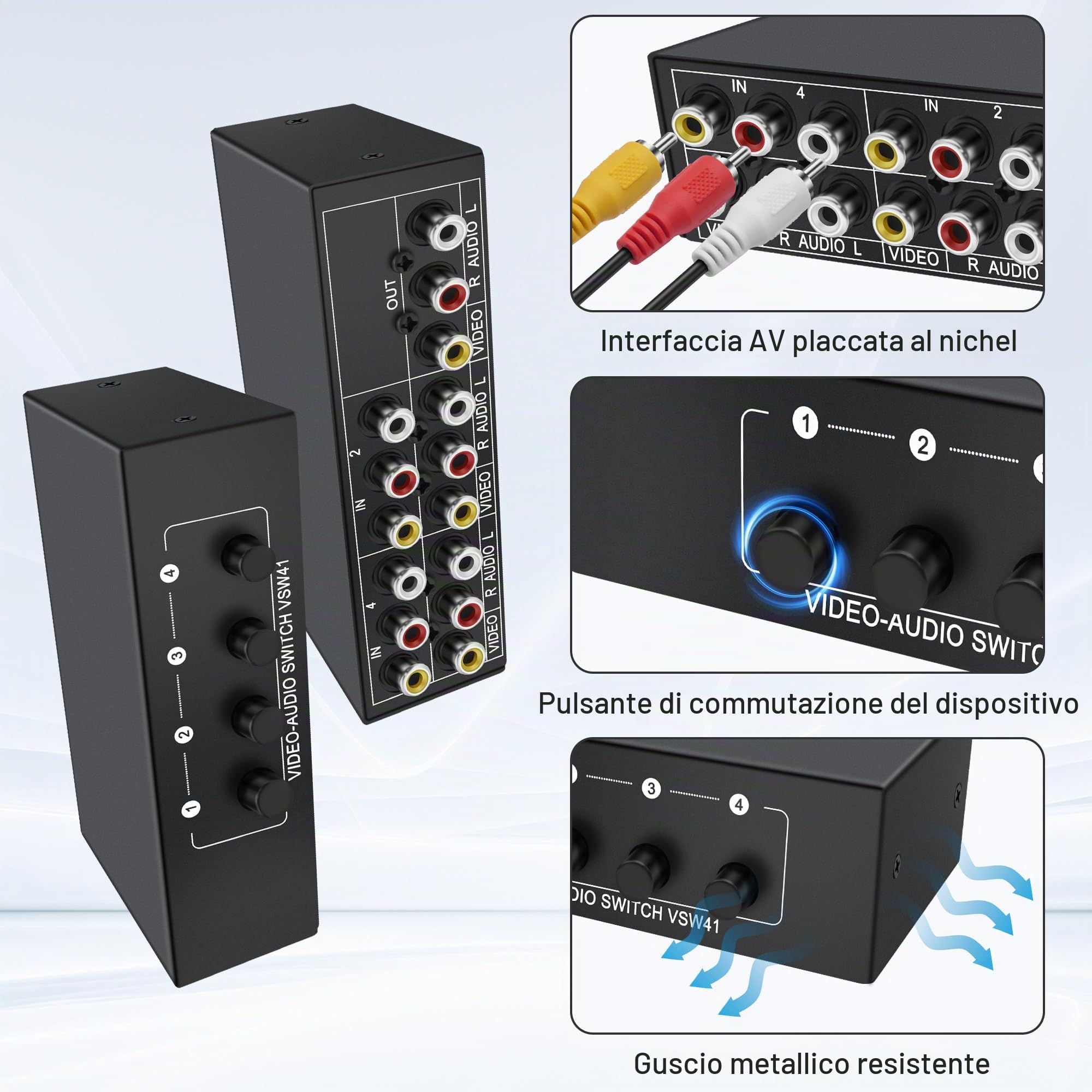 XMSJSIY AV RCA Switch 4 In 1 Out Video Composito L/R Stereo Audio Video Selettore Box 4 Porte Box per HDTV DVD STB PS2/3