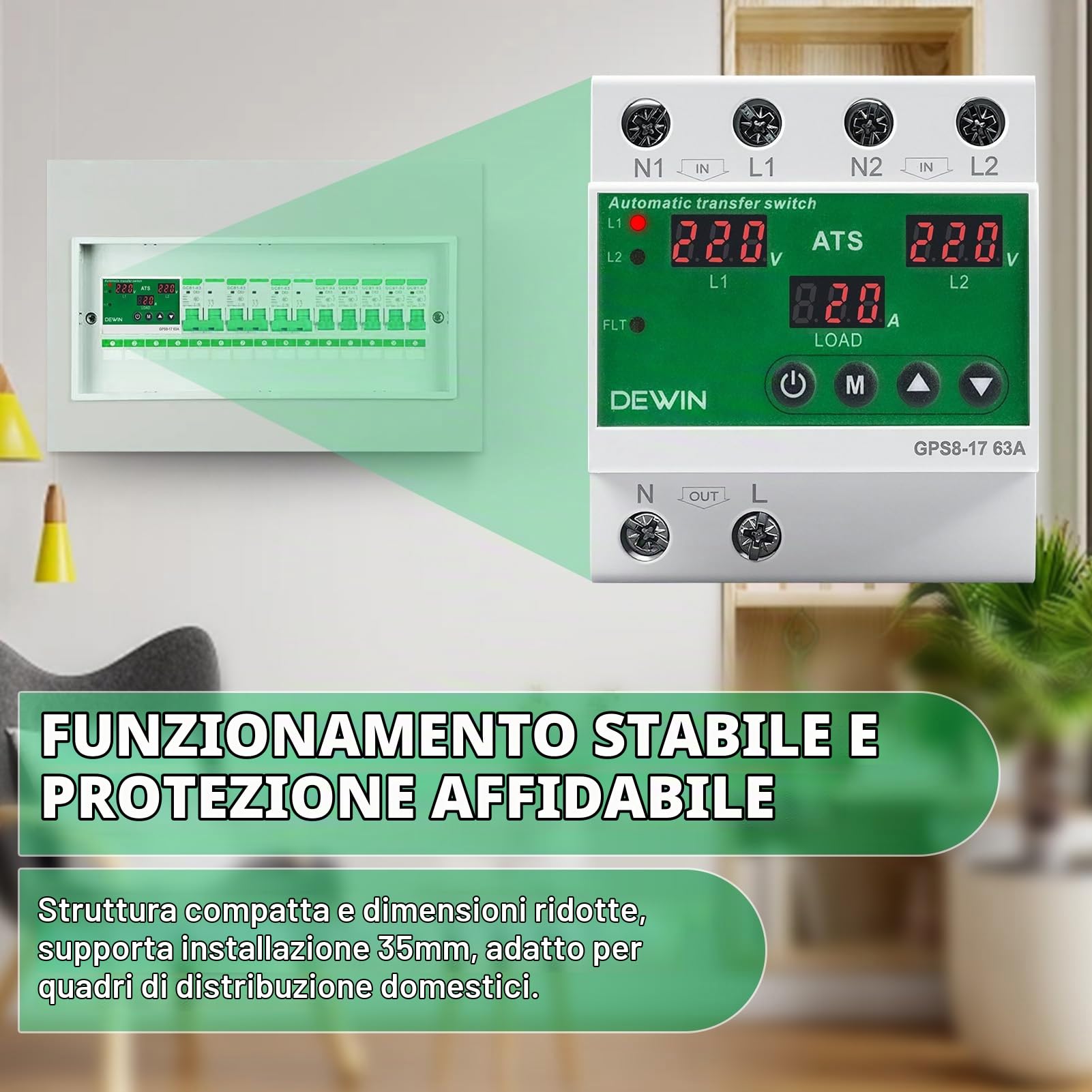 Commutatore di Rete Automatico,ATS 63A AC220V Interruttore di Trasferimento | Interruttore di Trasferimento Automatico con Display LED,Protezione da Sovratensione e Sottotensione Regolabili （GPS8-17）