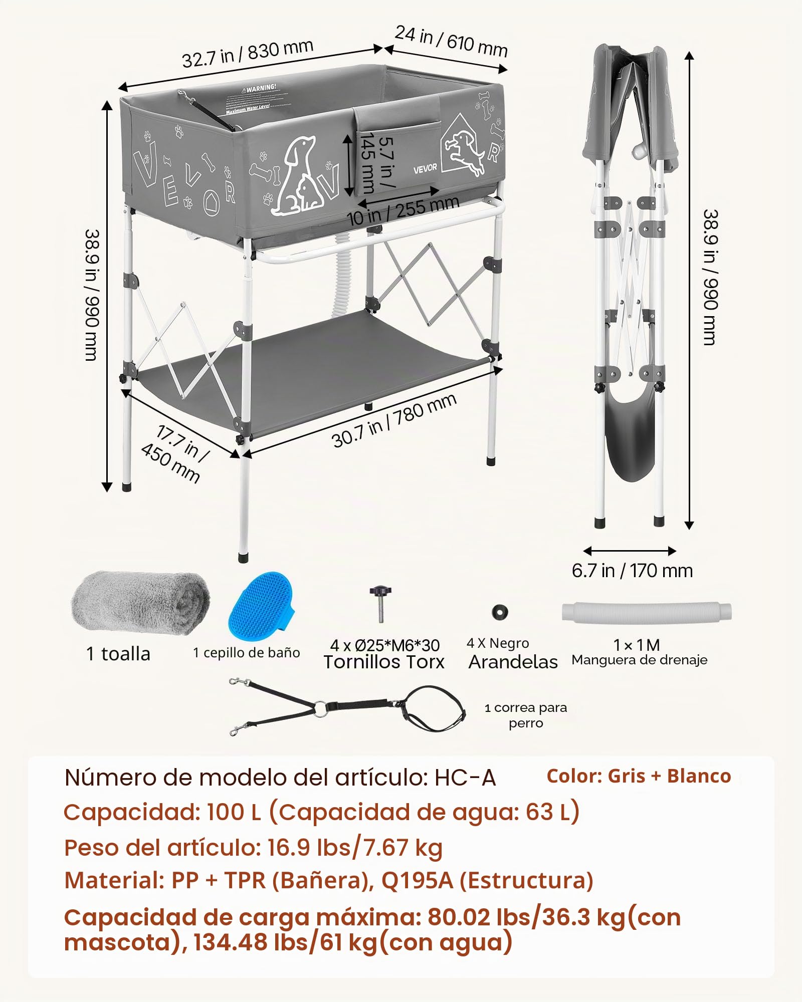 VEVOR Bañera Elevada para Perros Gatos con Soporte, Bañera Plegable Portátil para Mascotas Pequeñas y Medianas hasta 30 kg, Estación de Baño con Estructura en X, Desagüe, Estante y Barra para Toallas