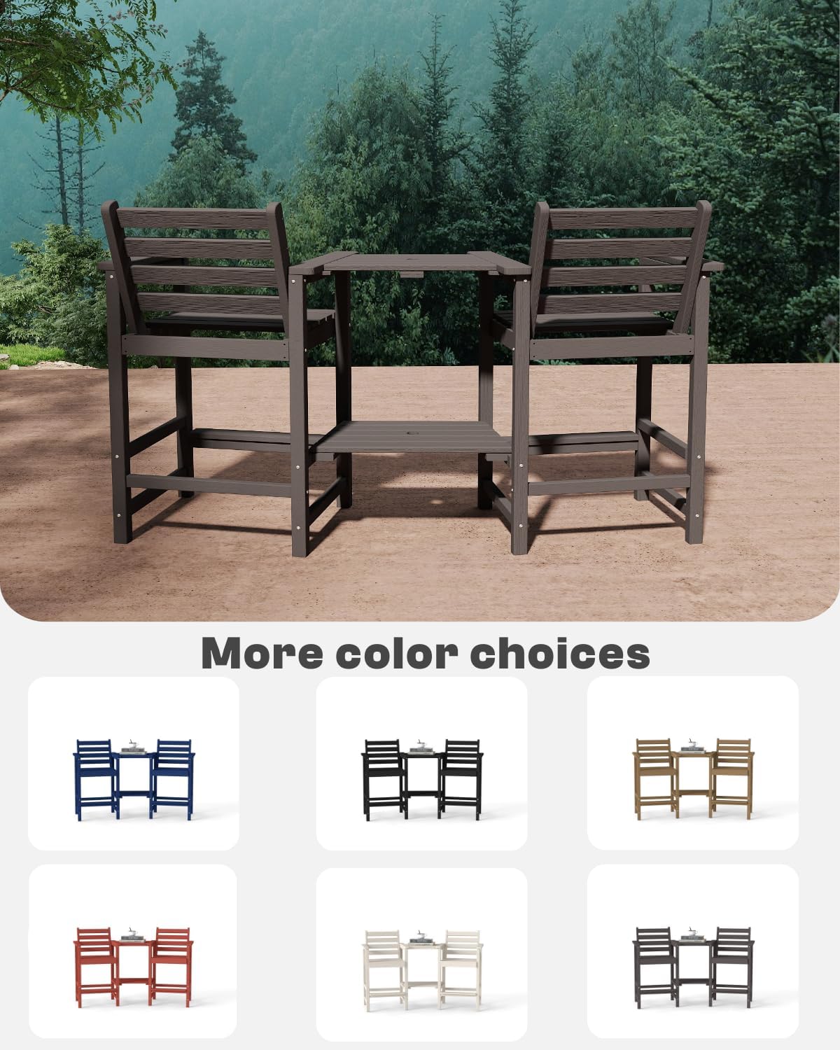 Tall HDPE Adirondack Bar Chairs Set of 2, Outdoor Balcony Bar-Height Chairs with Extra-Large Side Trays & 2" Umbrella Hole, All-Weather Patio Stools for Porch, Deck, Garden (Gray, 2chair)