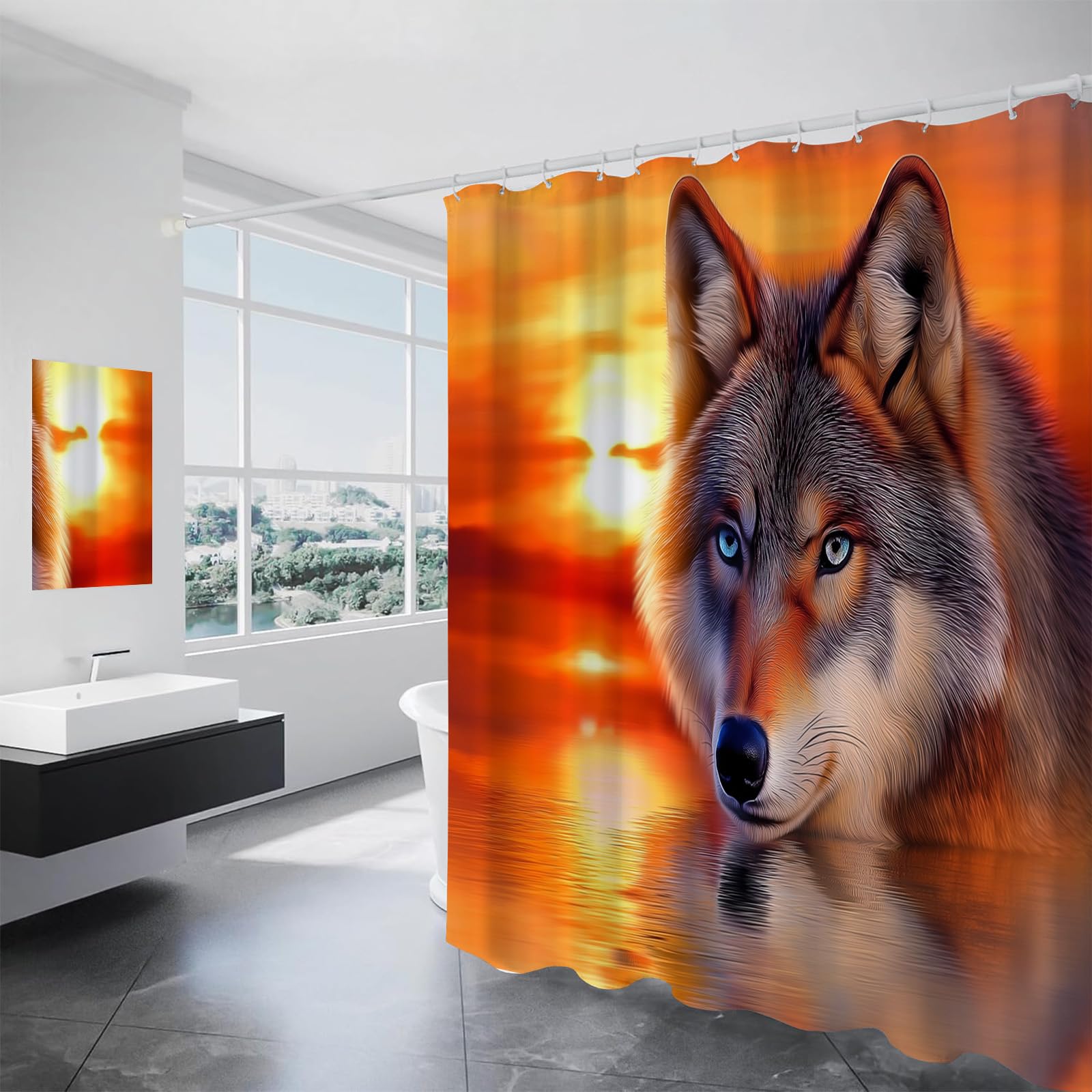 Rideau de douche loup majestueux et coucher de soleil pour une ambiance spa naturelle et évasion