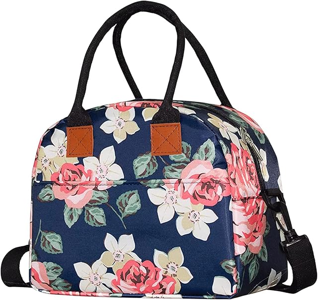 Insulated Lunch Bags for Women Men Reusable Thermal Lunch Box Tote Bags for Kids Adult Leakproof Lunch Cooler Bag with Adjustable Shoulder Strap for Work School Picnic (Navy Rose)