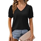 Summer Tops for Women 2025 Trendy Puff Short Sleeve Tshirts Shirts Dressy Casual Ladies Solid V Neck Blouses