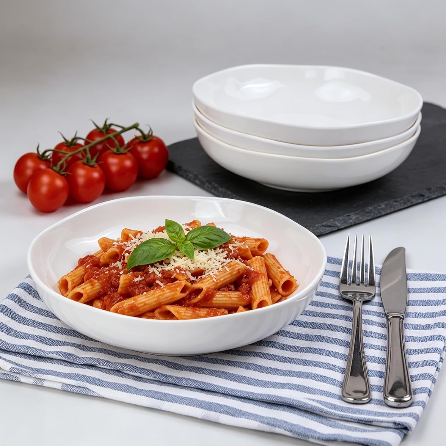 9 Inch Organic Shape Melamine Pasta Bowls Set of 4, 46 oz White Modern Salad Soup Dinner Bowls, Lightweight Shatter-Resistant Bowls for Indoor Outdoor Everyday Dining