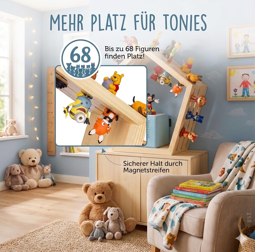 Baby Vivo Regal für Toniebox aus Holz - magnetische Aufbewahrung für 68 Tonies Tonie Zubehör Halterung Starterset - kompatibel mit Toniebox - Wandregal Kinderzimmer Holzregal zum Aufhängen - Fünfeck