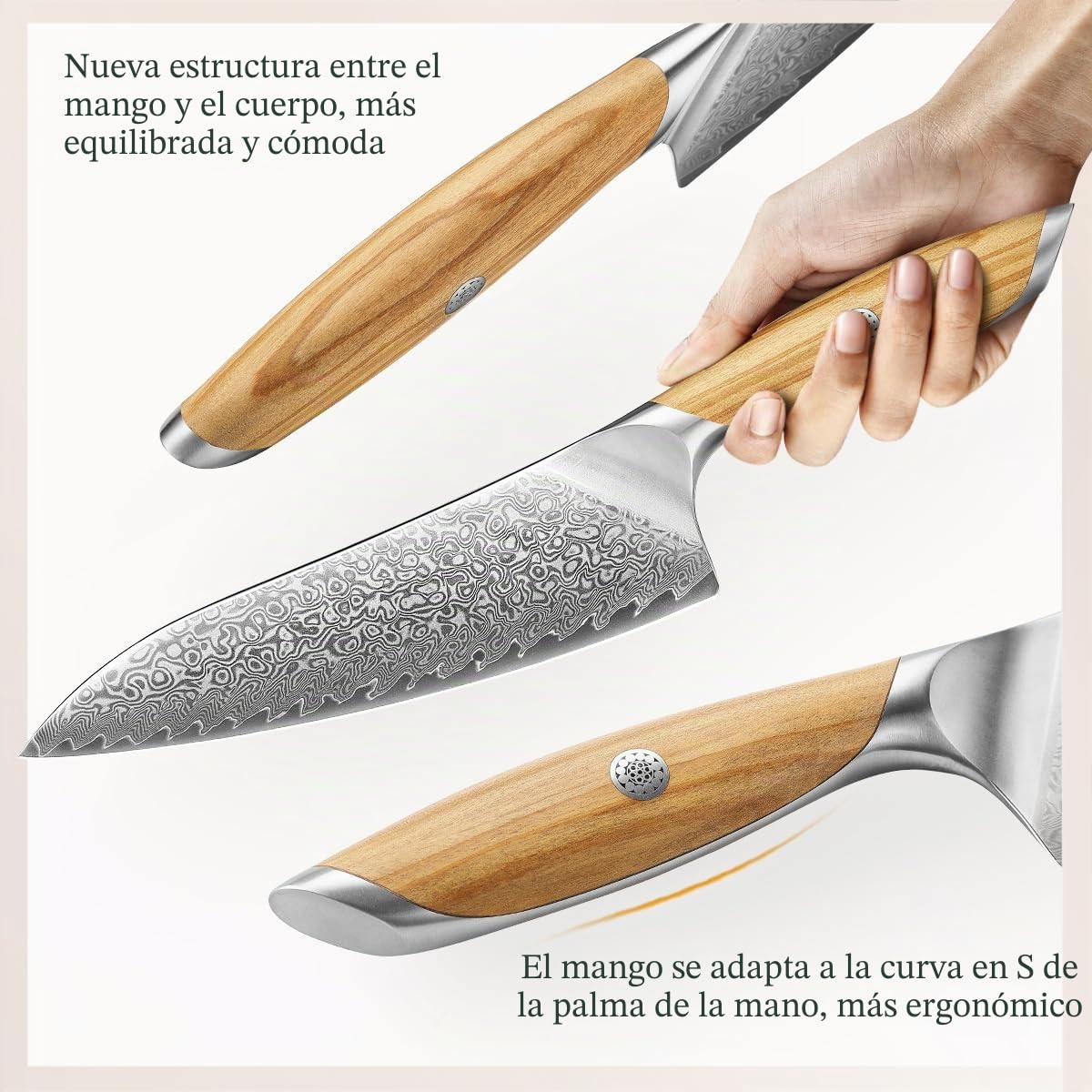 HEZHEN Cuchillo de Cocina Damasco, 21CM Cuchillo Chef de Acero Damasco de 73 Capas, Cuchillo de Cocinero Profesional Mango de Madera de Olivo