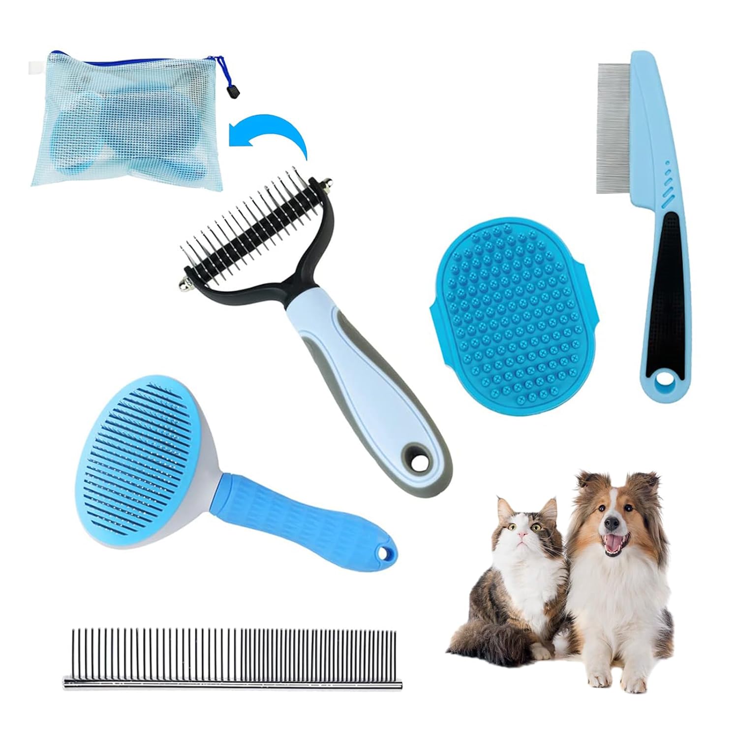 Grooming Brush Kit 5pcs – Cat Brush for Shedding, Cat Brush for indoor Cats, Self-Cleaning with Flea Comb for Indoor Long-Haired Cats (Blue)