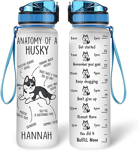 Hyturtle Regalos de Husky personalizados para mujeres, anatomía de un husky con nombre personalizado de 32 onzas, botella de agua motivacional de 1