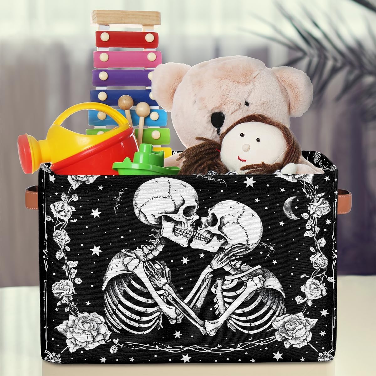Pardick Halloween Skull Skeleton Goth Basket Storage Bins Large Fabric Toys Storage Cube Box with Handles Collapsible Closet Shelf Cloth Organizer Basket for Nursery Bedroom Bathroom Holiday Gift