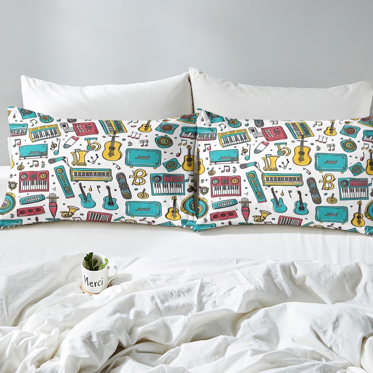 Music Themed Bed Sheet Piano Key Fitted Sheet Twin Size Violin Fashion Notes Sheet Set,Electric Guitar Bed Cover for Boys Girls Teens,Musical Instruments Bedroom Decor image 4