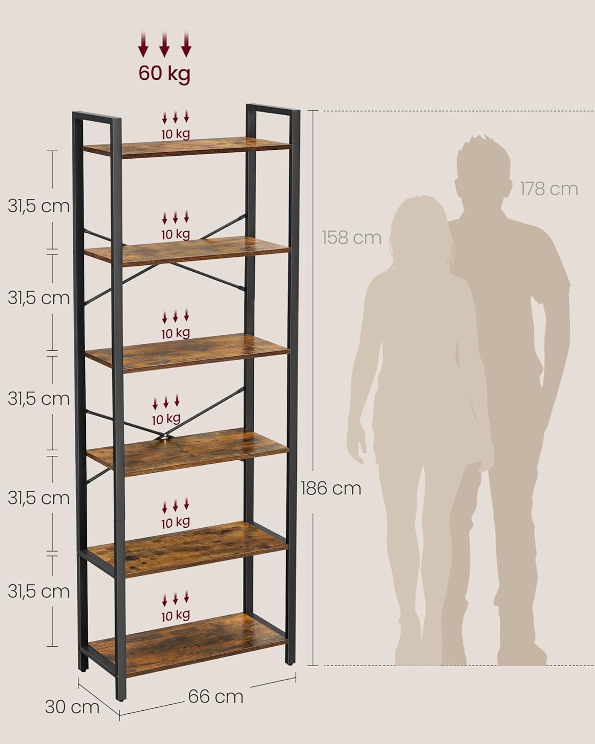 VASAGLE 6-Tier Bookshelf in a room with a sofa and plant, displaying various items.