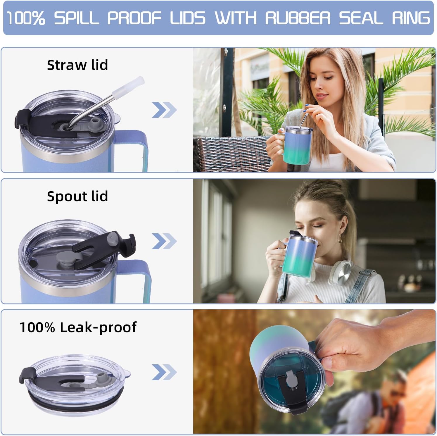 Volhoply 12oz Insulated Leakproof Coffee Mug with Flip & Straw Lid Bulk 8 Pack,Double Wall Vacuum Stainless Steel Travel Tumbler Cup with Handle,Reusable Camping Mugs Keep Cold(Assort color,8 Set) - Image 4