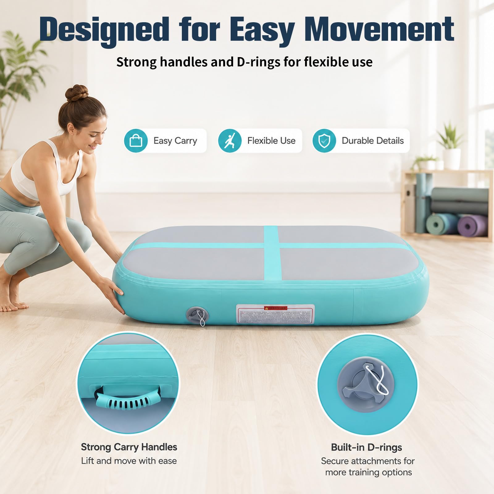 Aufblasbare Gymnastikmatte, Yogamatte Luftkissen Turnmatte aus PVC mit Pumpe, Tragbare Gymnastikblock-Matte mit Tragegriffen, Trainingsmatte für Pilates, Gymnastik, Kampfsport (1 * 1 * 0.2m)