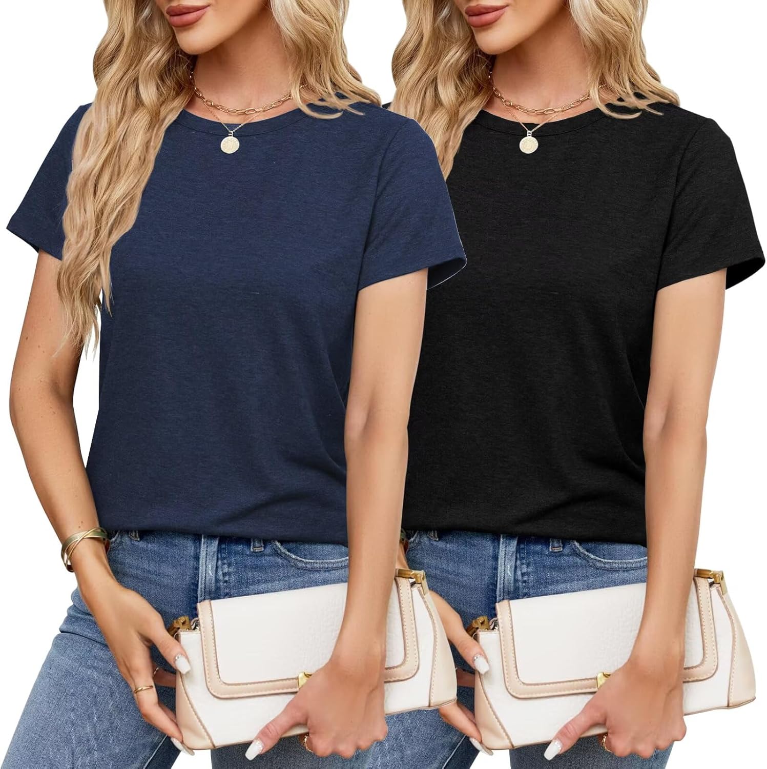 2PCS Women Short Sleeve T Shirts Crew Neck Solid Soft Basic Tee Casual Loose Fit Lightweight Summer Tops Clothes 2026