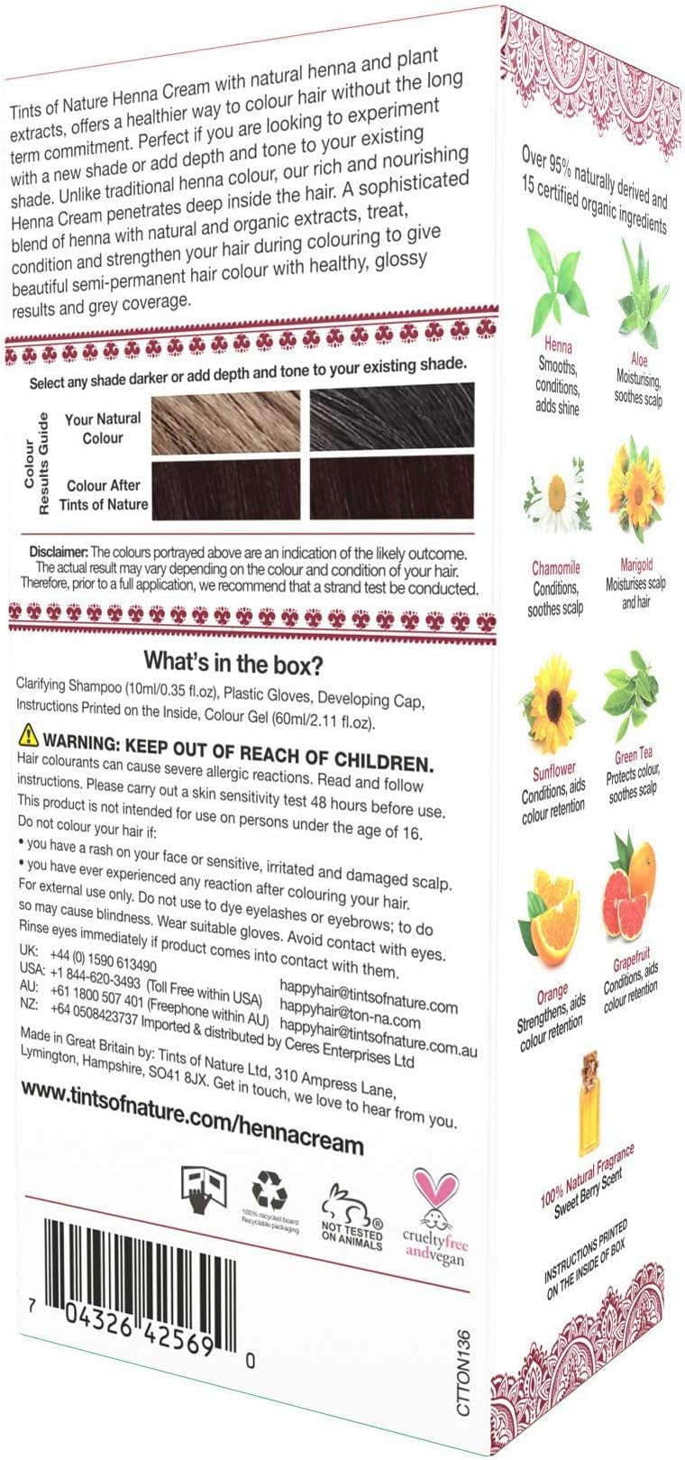 Tints of Nature Mahogany Red Semi-Permanent Henna Cream Hair Colour, Ammonia-Free and 95% Natural, 2.37 fl oz