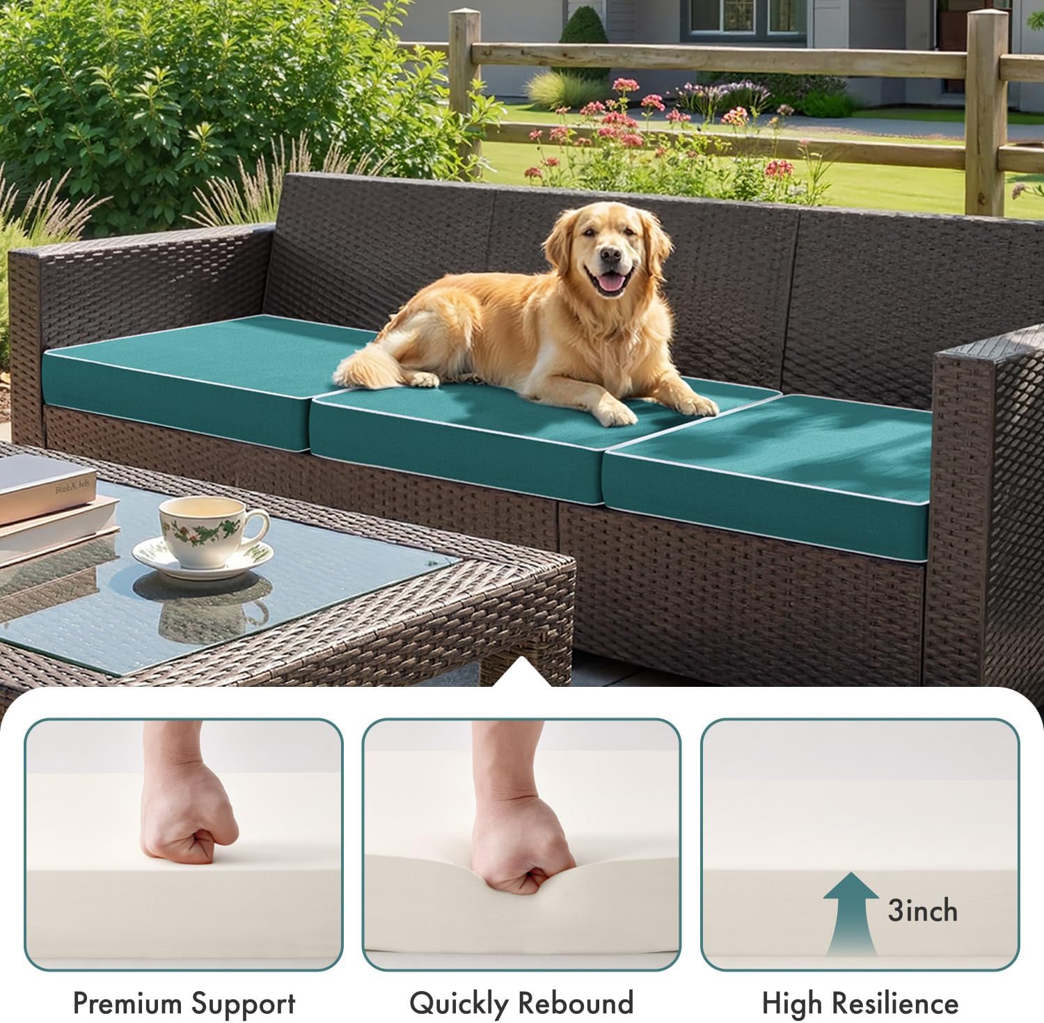 MIULEE Turquoise Outdoor Chair Cushions Set of 4, 18.5x16x3 Inch Waterproof Patio Seat Cushions for Outdoor Furniture Couch Sofa, 3 Year Color Fastness High Density Foam with Adjustable Ties