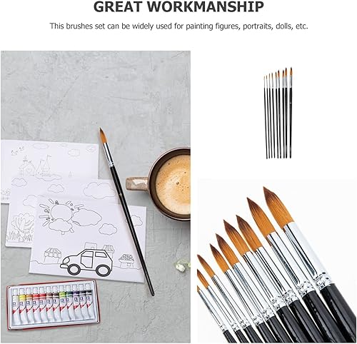 Miniatura 6 de EXCEART Juego de 9 pinceles de acuarela redondos planos en ángulo para niños y niñas, adultos, mango negro