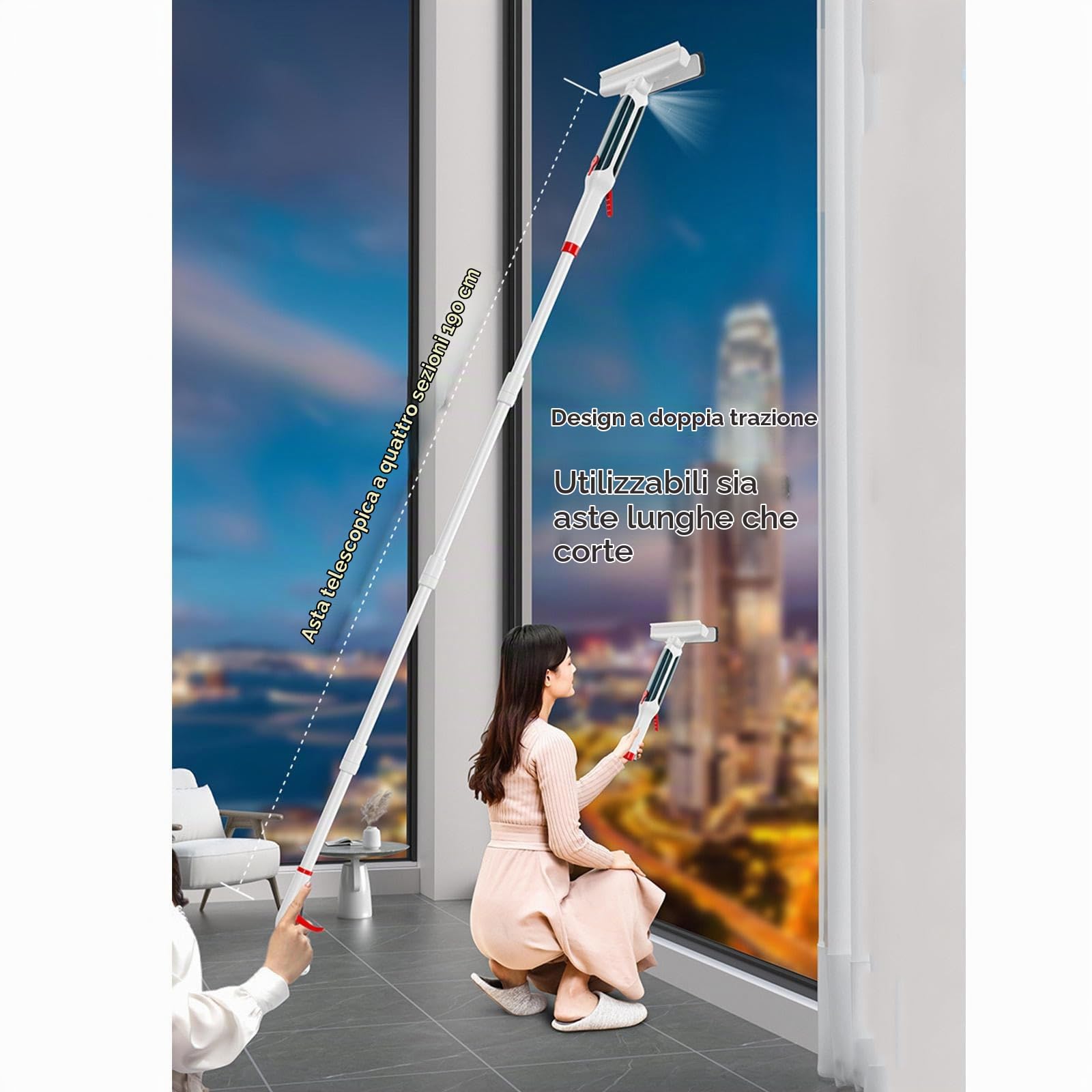 Spruzzo 4 in 1 Lava Vetri Finestre con Asta di Prolunga(190cm), Spazzola Lavavetri con Raccoglitore Acque Nere E 5 Panni Lavavetri Professionale per Finestre Alte Interno/Esterno